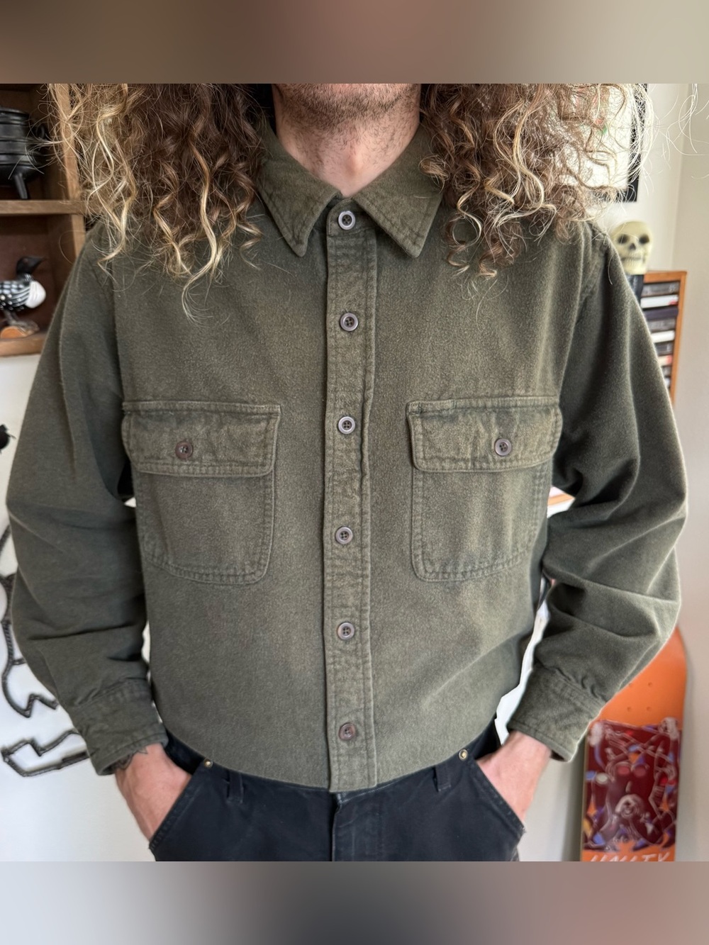 Vintage 90s Olive Green Chamois Button Down Work Shirt ~ Size Large